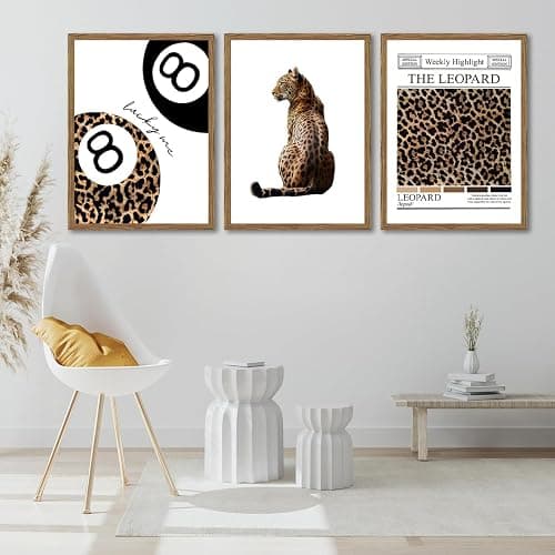 JBZDD Framed Trendy Leopard Wall Art Set of 3 Funky Lucky 8 Ball Preppy Room Decor Prints Cheetah Print Aesthetic Canvas Pictures for Girls Bedroom Apartment or Dorm 12x16 Inch Wood Ready to Hang thumbnail 6