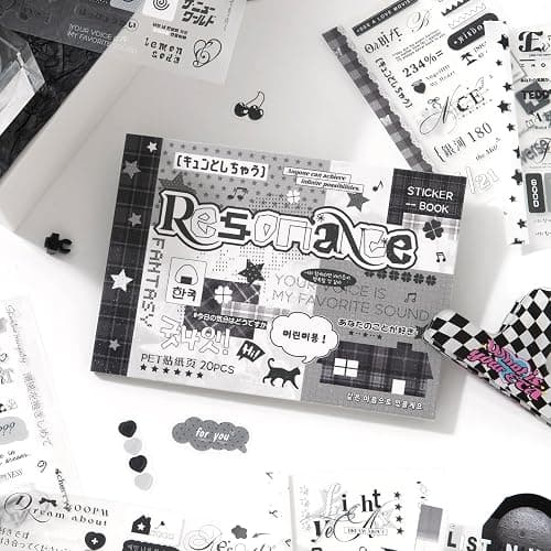 20 Sheets Black & White Sticker Book for Scrapbooking, Transparent English Phrase Stickers - Matte & Glossy Finishes, Aesthetic Word Quote Stickers for Scrapbook, Journal, Water Bottle, Card Making - Image 1