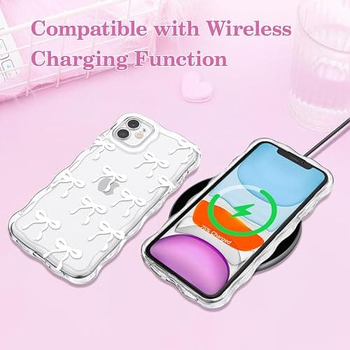 QLTYPRI Bow Case for iPhone 12, Cute Ribbon Bows Wavy Curly Frame Clear Phone Case for Girls Women, Aesthetic Bowknot Transparent Soft Silicone TPU Bumper Shockproof Protective Cover - White thumbnail 5