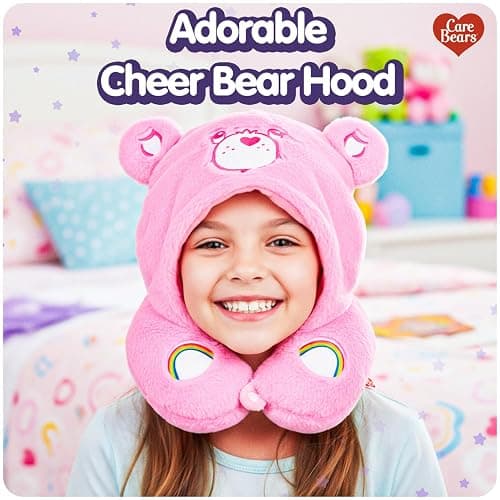 Care Bears - Cheer Bear Snuggle Hood, Travel Pillow with Hood, Soft Plush Neck Support, Lightweight, Comfortable and Breathable, Airplane, Care and Train Travel - Pink thumbnail 7