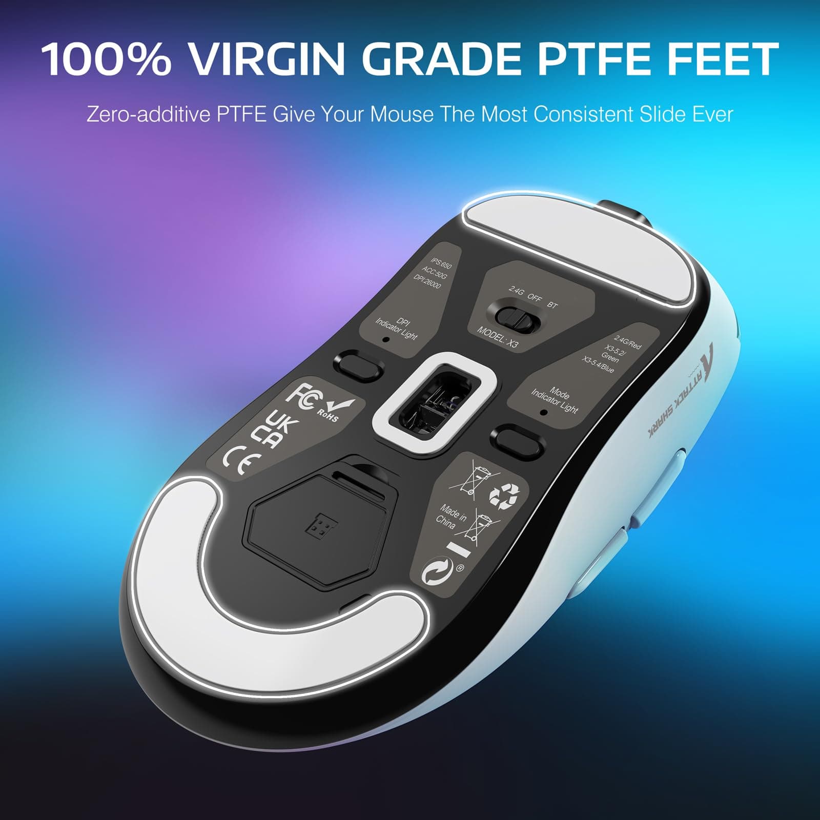 ATTACK SHARK X3 Lightweight Wireless Gaming Mouse with Tri-Mode 2.4G/USB-C Wired/Bluetooth,26K DPI, PAW3395 Optical Sensor,Kailh GM8.0 Switch,5 programmable Buttons for PC/Win/Mac(White) thumbnail 6