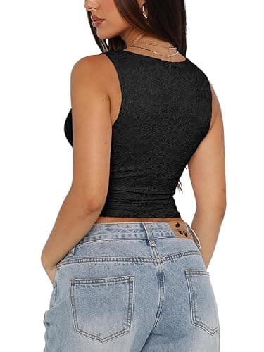 REORIA Womens Sexy V-Neck Sleeveless Double Lined Going Out Y2K Trendy Lace Cropped Tank Tops thumbnail 2