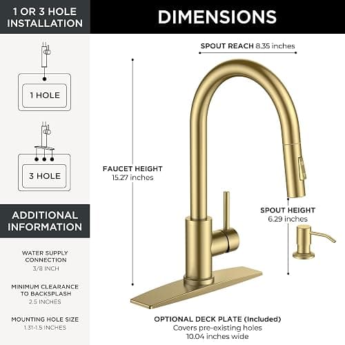 FORIOUS Gold Kitchen Faucet with Pull Down Sprayer, Modern Single Hole Kitchen Sink Faucet with Soap Dispenser, Deck Plate, Single Handle, High Arc Stainless Steel for RV Bar Farmhouse Laundry thumbnail 2