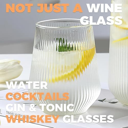 Ausune 6 Pack 460ml Ribbed Wine Glasses, Juice Cocktail Glasses Drinking Glassware Origami Style Fluted Ripple Beverage Tumblers Set, 15.55oz Vintage Stemless Cups for Home, Restaurant, Events & Part thumbnail 5