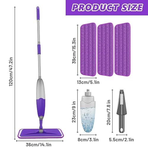 HOMTOYOU Spray Mops for Floor Cleaning: Wet Mop for Hardwood Tile Wood Laminate Vinyl - 3 Washable Microfiber Pads for Swiffer Powermop - Absorbs Pet Hair Dust thumbnail 2
