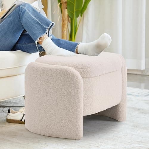 TUOMUR 27 Inch Teddy Fabric Oval Storage Ottoman, Upholstered Foot Stools Ottoman with Storage, Vanity Stool, Modern Multifunctional Chair for Makeup Room, Bedroom, Living Room (Beige) thumbnail 5