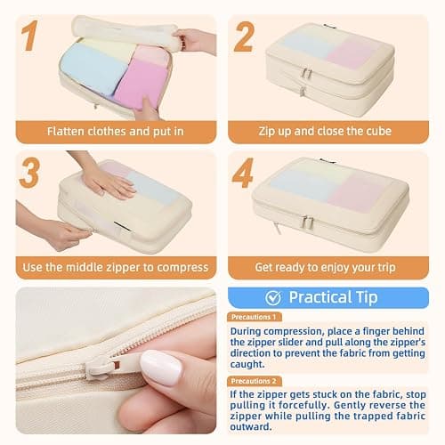 BAGAIL 4 Set/6 Set/8 Set Compression Packing Cubes Travel Accessories Expandable Packing Organizers (Square Mesh, 06-Beige) thumbnail 4