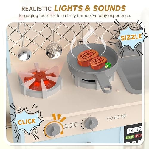 BIERUM Play Kitchen w/Realistic Lights, Sounds, Pretend Play Set for Kids | Interactive Wooden Kitchen with Coffee Maker & Microwave, 24 Pcs Toy Food & Cookware Accessories, Toddlers Gift for Ages 3+ thumbnail 3