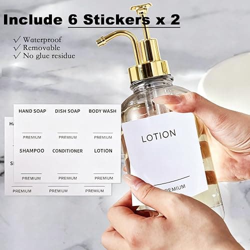 Dish Soap Dispenser for Kitchen, Hand Glass Soap Dispenser Set with Pump, Tray, Funnel for Bathroom, Shower, Laundry, Liquid, Lotion (Gold 2 Pack 18 Oz Clear Bottles with 12 Stickers) thumbnail 7