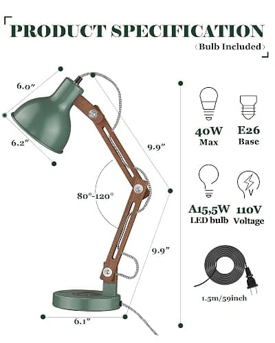 ELYONA LED Desk Lamp with Wireless Charger, Sapele Wood Reading Light with USB C Charging Port, Swing Arm Table Lamp for Home Office, College Dorm, Bedroom Living Room, Bulb Included, Vintage Green thumbnail 6