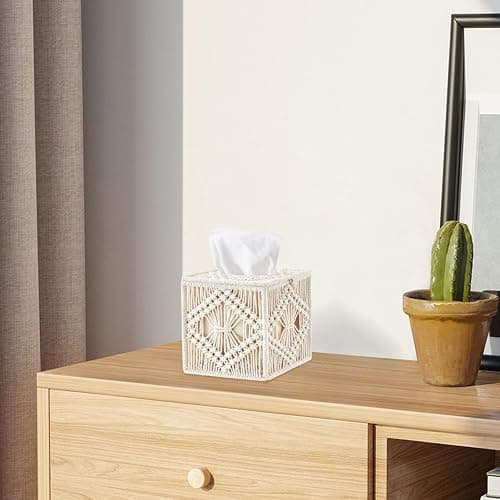 MEETOZ Tissue Box Cover Square, Woven Macrame Napkin Facial Paper Organizer, Boho Decor Tissues Holder for Bathroom Bedroom Dresser Living Room Office thumbnail 5