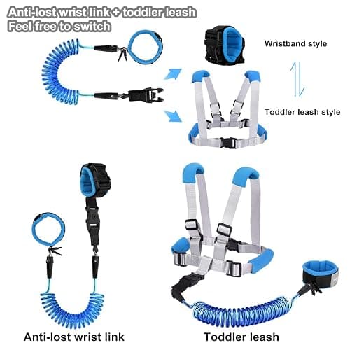 Blisstime 2 in 1 Toddler Leash - Anti Lost Wrist Link for Toddlers - Toddler Harness, Baby Leash, Leash for Toddlers, Wrist Leashes, Child Leashes for Toddlers, Not Easy to Open Without Key - blue thumbnail 2