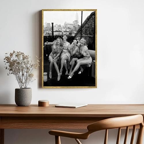 Gold Framed Black and White Canvas Wall Art Vintage New York Rooftop Woman Party Photography Feminist Poster Trendy Girls Hypebeast Painting Prints Female Artwork Bar Cart Decor 8x12inch thumbnail 4