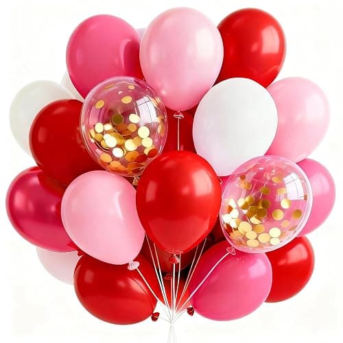 PartyWoo Pink and Red Balloons 66pcs 12 Inch Hot Baby Pink Matte Red White Gold Confetti Balloons for Valentine's Day Engagement Wedding Bachelorette Girl Princess Birthday Party Decorations - Image 1
