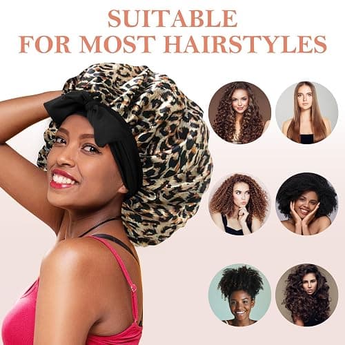 3Pcs Silk Bonnet for Sleeping, Satin Hair Bonnets for Black Curly Hair Women Jumbo Bonnet with Tie Band Braids (Black Leopard Rose-pink) thumbnail 2