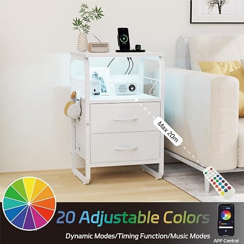 runjuly Night Stand with Charging Station, Bedside Table with Drawers, AC Outlets & USB C Ports, Bedroom Nightstand with Hooks, Metal End Table for Bedroom, Office, Dorm (White) thumbnail 6