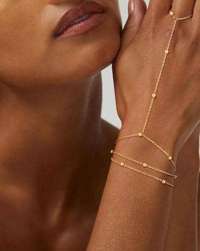 Picuzzy 14k Gold Plated Hand Chain for Women,Trendy Ring Bracelet Hand Chain Non Tarnish Beaded Cubic Zircon Infinity Finger Ring Slave Bracelet Stack Jewelry Gifts for Women thumbnail 2