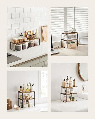 SONGMICS Spice Rack, Set of 2 Cupboard Shelf Organiser, Expandable Kitchen Shelf Organiser, Stackable Spice Holder, Metal and Engineered Wood, Black and Rustic Brown KCS020X01 thumbnail 6