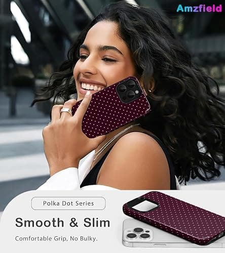 Amzfield for iPhone 14 Pro Cute Polka Dot Phone Case, Burgundy | Polka Dot Phone Case, Summer Aesthetic Design for Women Girls Fall Chic Girly Pretty Dual Layer Hybrid Protection Elegant thumbnail 6