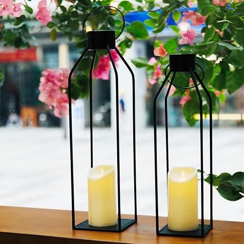 HPC Decor 22'' 19'' Lanterns Decorative w/ Flickering Timer Candles- Large Tall Black Metal Candle Lanterns Set of 2- Modern Farmhouse Decor for Indoor,Outdoor,Tabletop,Porch (No Glass) thumbnail 7