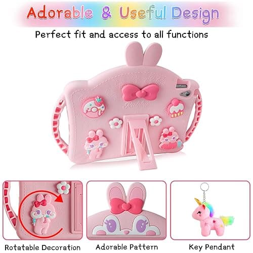 WESADN for iPad 10th Generation Case 10.9 Inch 2022 Kids Girls for iPad A16 Case 11th Gen 11 Inch 2025 with Screen Protector Shoulder Strap Kickstand Keychain Cute Rabbit Silicone Tablet Cover,Pink thumbnail 6