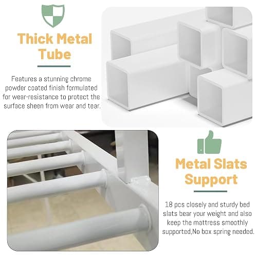 MoproBeti Full Loft Bed with Stairs, Metal Loft Beds Full Size with Storage Shelves, Adults Loft Bed with Wardrobe, Heavy Duty High Loft Bed for Teens, No Box Spring Needed, No Noise,White thumbnail 6