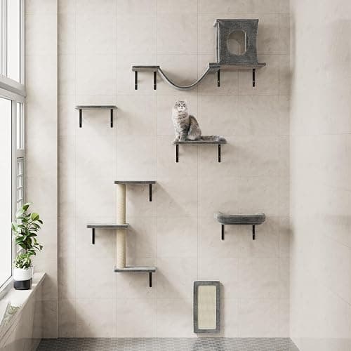 NUNU LAB Cat Wall Shelves, 6 Pcs Luxury Wall-Mounted Cat Climber Set, Indoor Cat Furniture with 1 Condos House, 2 Cat Wall Shelves, 1 Scratching, 1 Bridge Ladder, 1 Scratching Pad, Dark Gray thumbnail 5