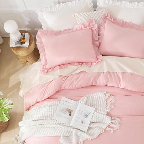 Andency Pink Comforter Set Queen Size, 3 Pieces Solid Pink Ruffle Shabby Chic Comforter Set for Queen Bed, All Season Vintage Rustic Soft Microfiber Bedding Set for Women Girls thumbnail 4