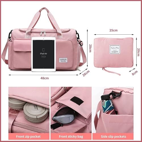 Aedcbaide Travel Bag,Gym Bag Womens,Duffle Bag with Shoe Compartment,Lightweight Foldable Weekend Bags for Women,Dry and Wet Overnight Bags for Women,Sports Bag for Woman Man(Pink) thumbnail 2