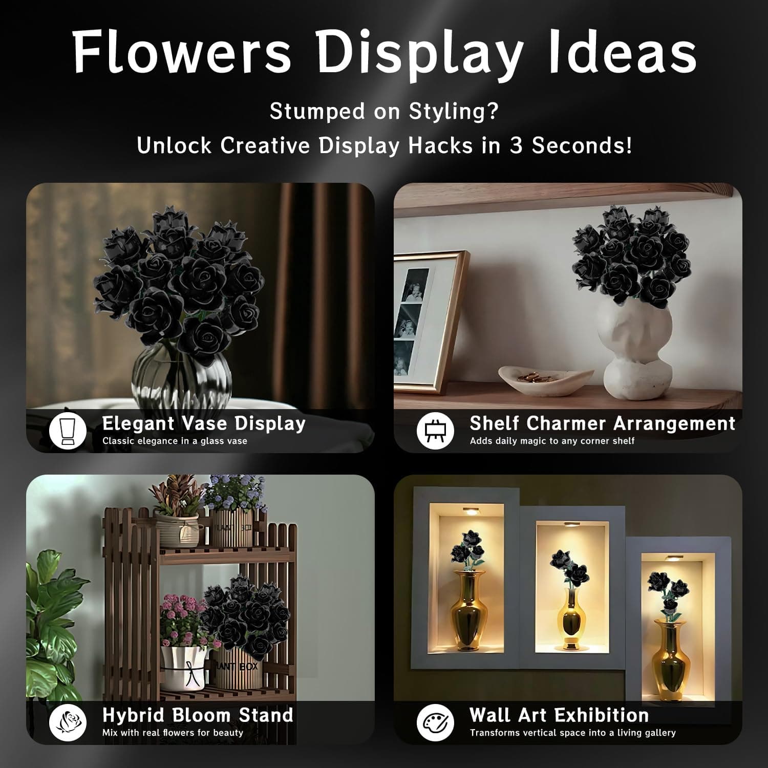 Black Roses Bouquet Building Set, Artificial Flowers Botanical Collection Building Block for Adults, Gothic Home Decor for Women, Girls, Compatible with Lego Flowers, 585 PCS thumbnail 5
