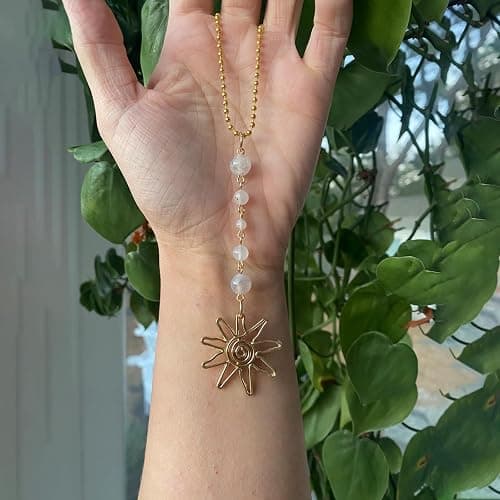 Sun Hanging Car Charm,Green and Gold Rear View Mirror Accessories Cute Boho Dangling Sun Car Decor Handmade Healing Crystals Stones Ornament Gifts for Women Men (Clear) thumbnail 2