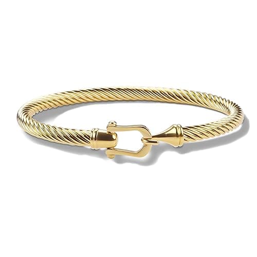 HX SHARE Twisted Cable Bracelet Stylish Fine Stainless Steel Cable Cuff Bracelet with Hook Clasp Bracelets Jewelry for Women - Upgrade 18K Gold （7.6"）