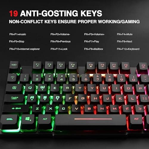 Rii RK100+ Multiple Color Rainbow LED Backlit Large Size USB Wired Mechanical Feeling Multimedia PC Gaming Keyboard,Office Keyboard for Working or Primer Gaming,Office Device thumbnail 5