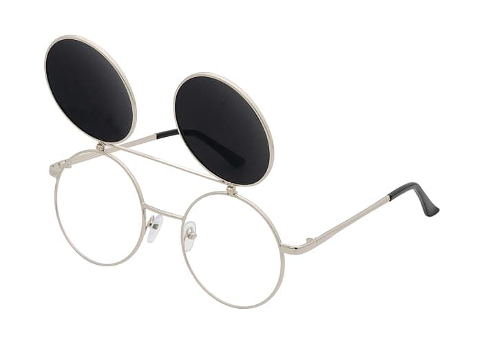 J&L Glasses Retro Flip-Up Round Goggles Steampunk Sunglasses - Silver,silver - Image 1