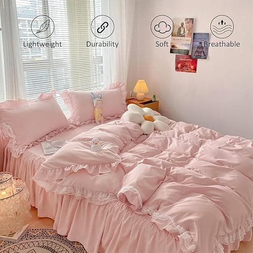 3 Pieces Pink Ruffle Duvet Cover Set for Girls Women Lace Bedding Set with 2 Pillowcases Soft Microfiber Duvet Cover Double 200 x 200 cm thumbnail 3