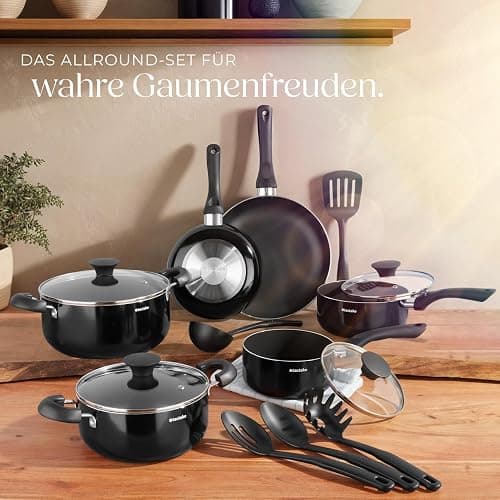 tectake® 15tlg Set mit 5x Küchenhelfer, 2x Pfanne, 4x Topf, jeweils mit Deckel, Kochtopf Set Antihaft Beschichtung, Töpfe + Pfannen aus Aluminium, Zubehör für Haushalt, Camping und Küche thumbnail 2