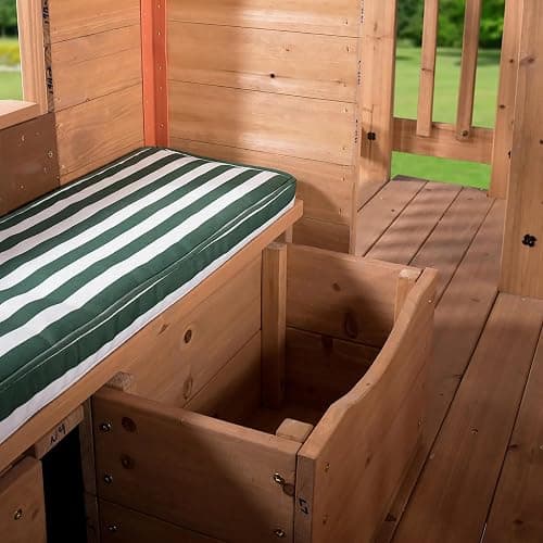Backyard Discovery Scenic Heights Elevated Cedar Wooden Kids Playhouse with Play Kitchen, Wrap-Around Deck, Toy Storage Bench, Saloon-Style Doors, Ladder, Stairs, and Growth Chart for Outdoor Play thumbnail 4