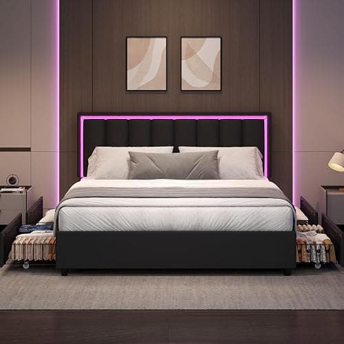 IMMERSTABLE Full Size Bed Frame with Headboard and 4 Storage Drawers, Faux Leather Upholstered Platform Bed with LED Lights, Metal and Wood Slats, No Box Spring Needed, Easy Assembly, Black thumbnail 9