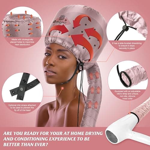 Bonnet Hood Hair Dryer Attachment - Soft, Adjustable Extra Large Bonnet Hair Dryer for Speeds Up Drying Time at Home, Easy to Use for Styling, Curling and Deep Conditioning (Pink) thumbnail 2