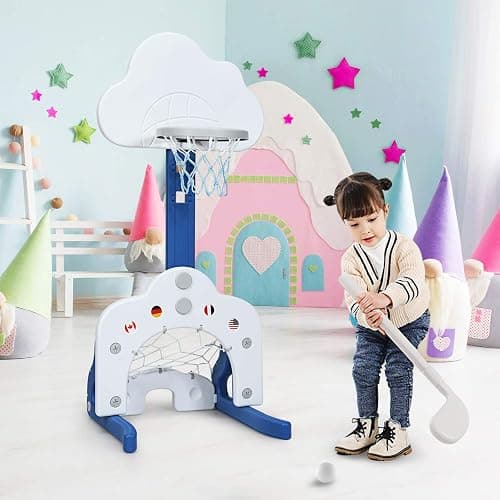 Costzon Kids Basketball Hoop, Toddler Sports Activity Center w/ 5 Adjustable Height Levels, Basketball Soccer Golf Game Set, Indoor Outdoor Basketball Hoop Set Best Gift for Baby Infant White Clouds - White Clouds - 22” x 20'' x 58.5''(L X W X H) thumbnail 4