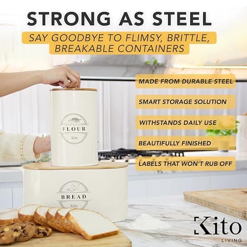 Kito LIVING Canisters Sets for Kitchen Counter Storage and Organization with Wooden Bamboo Lids, Food Pantry Containers, Stackable Steel Storage Bins, Airtight Bread and Flour Containers - Cream - Cream - Bread, Flour thumbnail 4