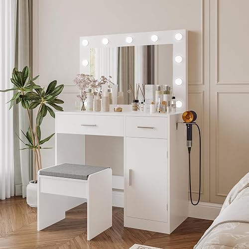Viaozutis Vanity, Vanity Desk with Mirror, Large Drawer and Power Socket with 11 Light Bulbs and 3 Adjustable Lighting Modes, Vanity Table Ideal for Bedroom (White) thumbnail 3
