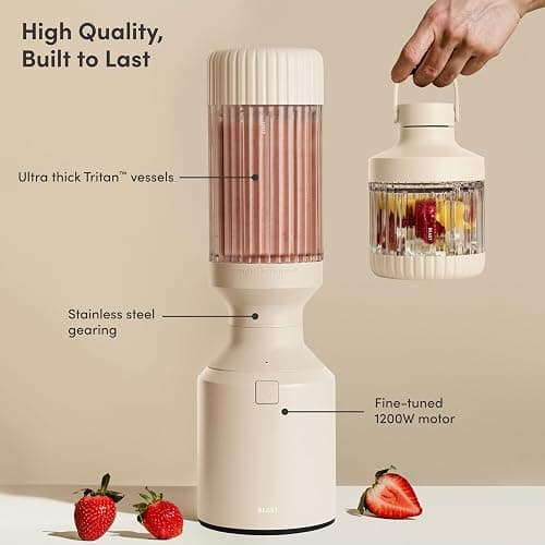 Beast Mega 1200 Plus | Premium Countertop Blender | Smoothies, Shakes, Sauces, Dips, Soups | Blends Ice and Frozen Fruit | XL Vessel | With Extra Vessels, Straw System | 1200W | (Sand, 120V) thumbnail 2