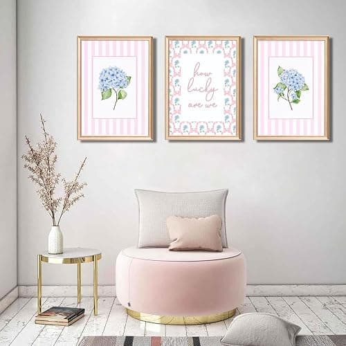 3Pcs Unframed Pink And Blue Hydrangea Wall Art Trendy Preppy Coquette Canvas Posters Prints How Lucky Are We Pictures Wall Decor for Girly Room Bedroom College Apartment Home Decorations(16L"x12W"Poster) thumbnail 7