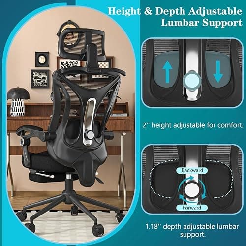 Ergonomic Office Chair with Footrest - Adjustable Lumbar Support & Headrest, 90-160° Reclining Mesh Back Computer Chair - Home Office/Gaming, 330lbs Capacity (SGS Certified) thumbnail 4