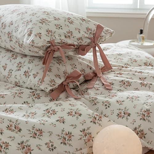 Pink Flower Duvet Cover Set Twin Soft Cotton Peach Floral Comforter Cover Girls Cottagecore Bedding Set Boho Floral Duvet Cover Vintage Country Bedding Flower Botanical Duvet Cover with Zipper Closure thumbnail 5
