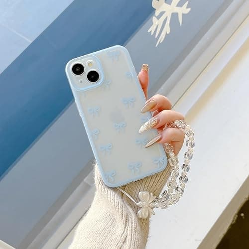 EYZUTAK Case for iPhone 15, Clear Cute Ribbon Bowknot Aesthetic Phone Case with Charm Bracelet Chain Raised Camera Protection Stylish Soft Durable TPU Protective Cover for Women Girls - Blue thumbnail 2