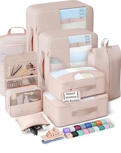 Veken 8 Set Packing Cubes for Travel Essentials,Anti-Wrinkle Buckled Suitcase Organizer for Shoe & Toiletry Bag,Carry On Luggage Bag with 99+ Count Mesh Holes for Airplane & College Dorm Accessories - Image 1
