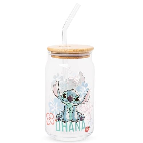 Silver Buffalo Disney Lilo and Stitch Ohana Floral Glass Jar Tumbler with Bamboo Lid and Glass Straw, 16 Ounces - Image 1