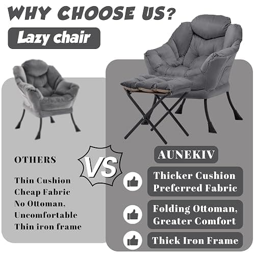 Aunekiv Lazy Chair with Ottoman, Comfy Accent Lounge Chair with Side Pocket, Modern Reading Armchair with Footrest, Upholstered Sofa Chair for Small Spaces, Bedroom, Living Room, Dorm, Darkgrey thumbnail 4